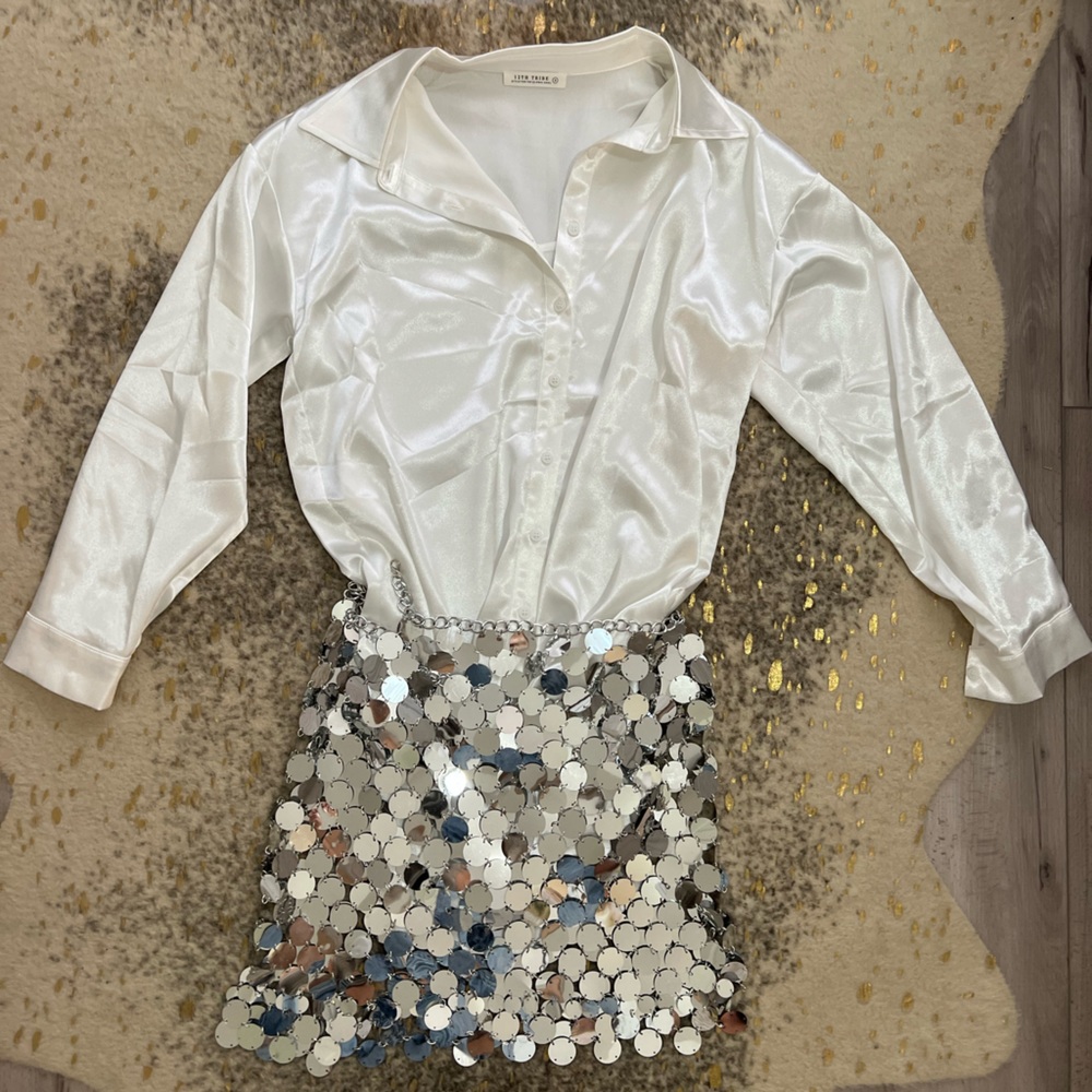 12th tribe disco skirt with ivory satin dress/shirt bundle size S